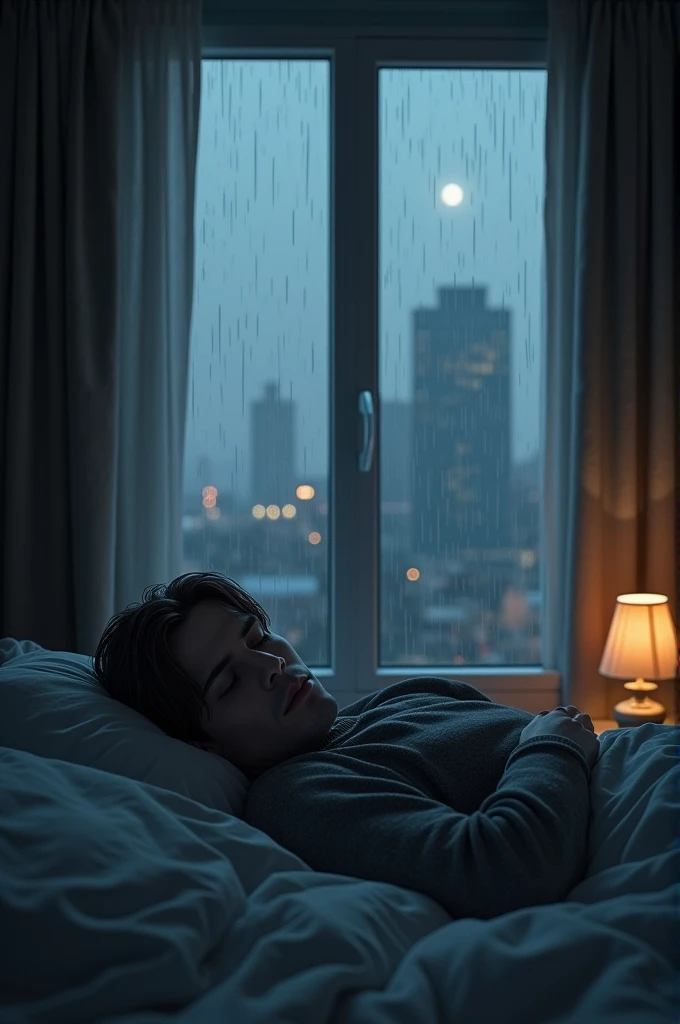Leon Kennedy sleeps in a bed in a cozy bedroom and in winter he could see the city blurred at night in the rain