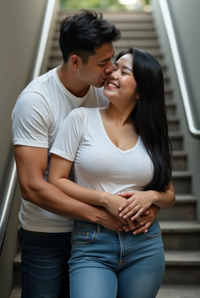 Hyperrealist portrait of Chubby fat thic bbw white thai mature woman (30 years old), long straight black hair, wearing blue jeans and white shirt v-neck, man hugging from behind, kissing,in up the stairs with tall male, smiley expression, full body picture,