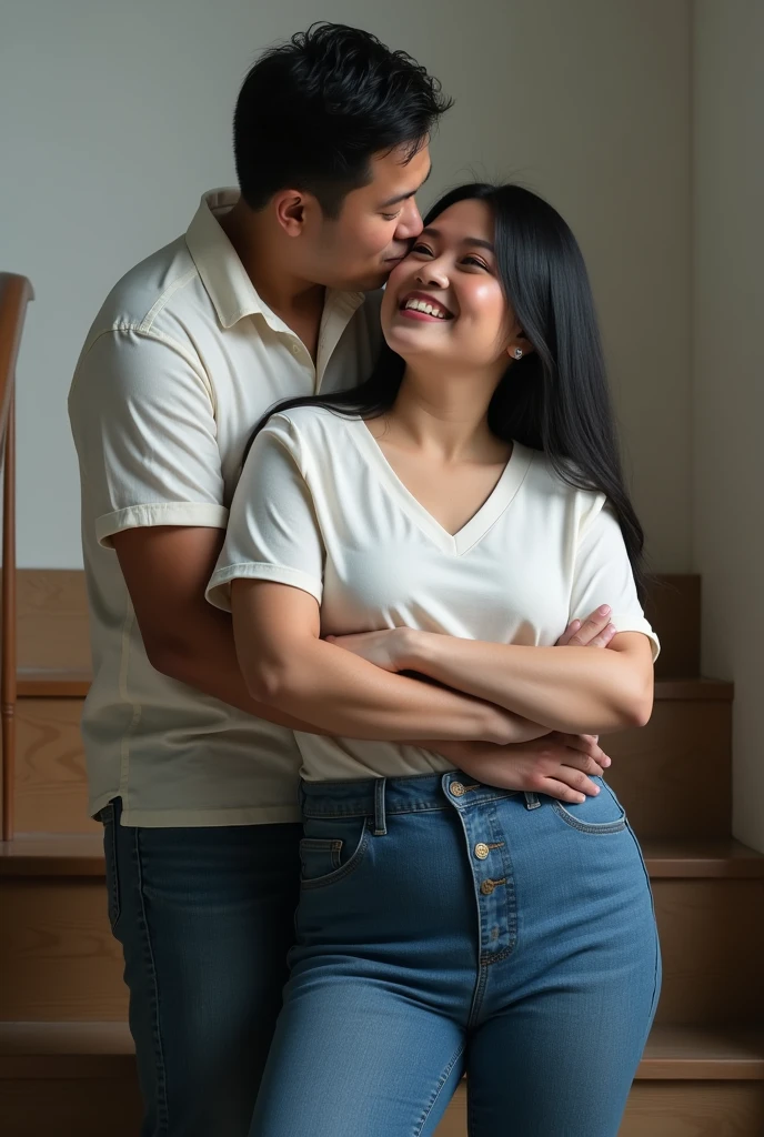 Hyperrealist portrait of Chubby fat thic bbw white thai mature woman (30 years old), long straight black hair, wearing blue jeans and white shirt v-neck, man hugging from behind, kissing,in up the stairs with tall male, smiley expression, full body picture, 