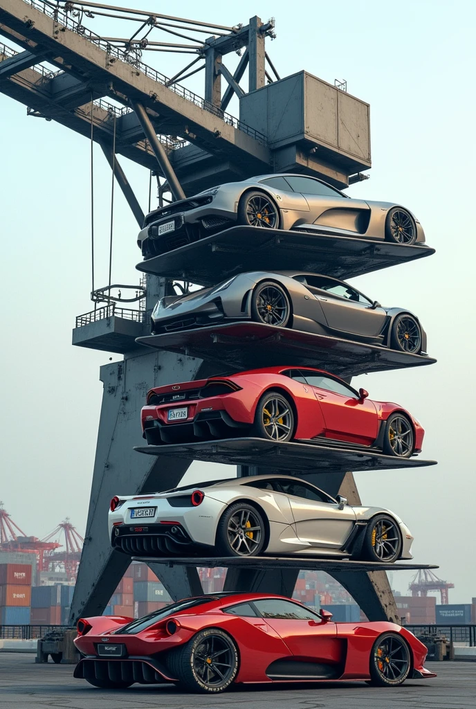 A crane that carries many cars and motorcycles