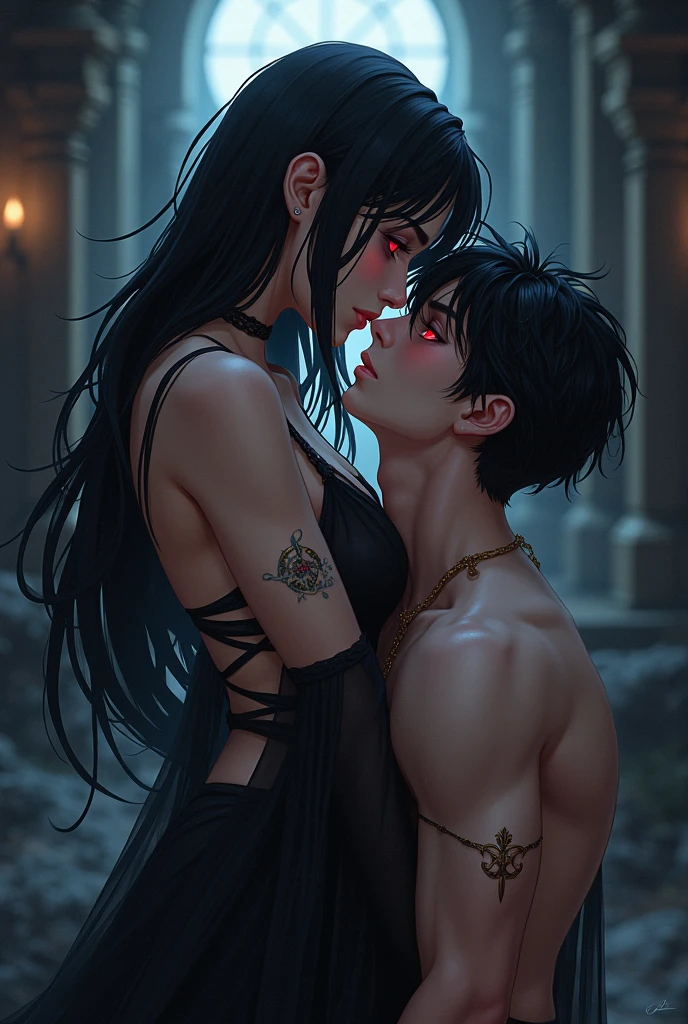 prince of darkness dancing with a beautiful sultry female, that's glowing in the darkness, temple of love in an ancient futuristic civilizations, neon colors, high detail, long shot, wide shot, 4K, 3D, REALISTIC, (iridescent glow smoke), UHD, 32K, very bold neon colors, black light, neon light