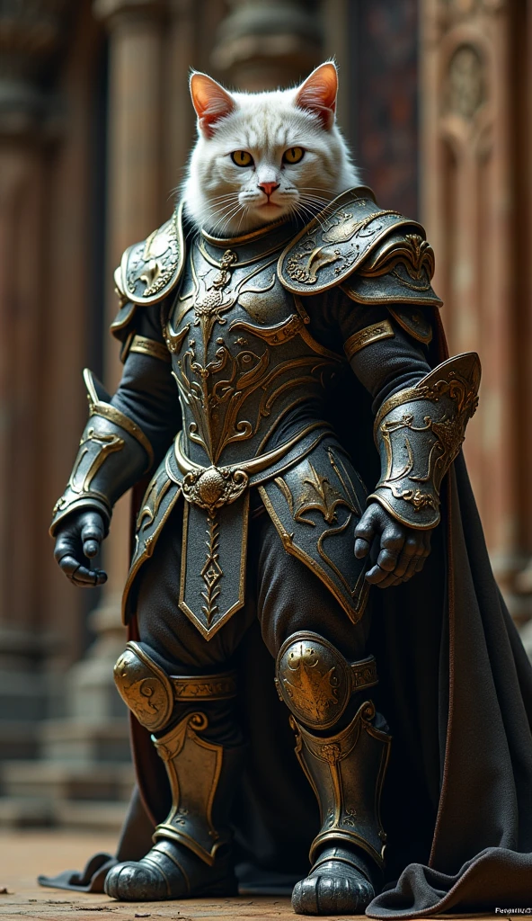 a cat in armor poses for a photo, Cinematic plan, Fujifilm XT3, Canon R5, Fujicolor Fujichrome Velvia 100