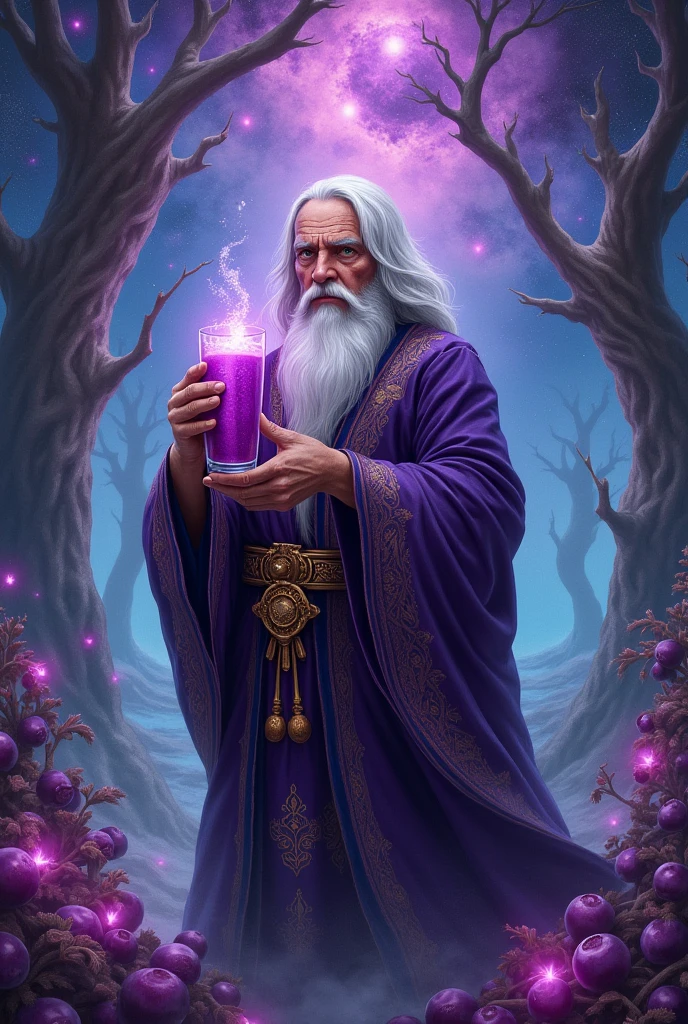Create a drawing of a wizard with a glass of açaí in his hand 
