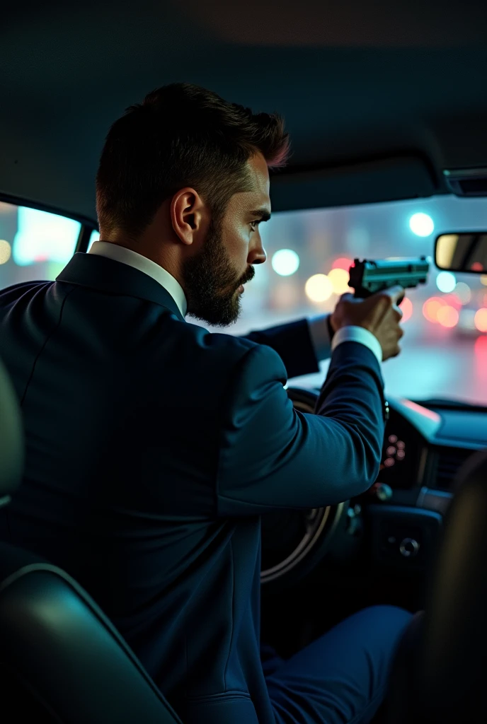 Strong young man in navy blue tuxedo, trimmed beard((with your head out of the car window but inside the car with your back turned)) shooting with gun in hand .
((Show him from behind, not showing his face so much.))
during at night
((PICTURE REALISTIC))
REPRODUCING THIS LAST IMAGE BUT USE A MAN WITH A YOUNGER FACE