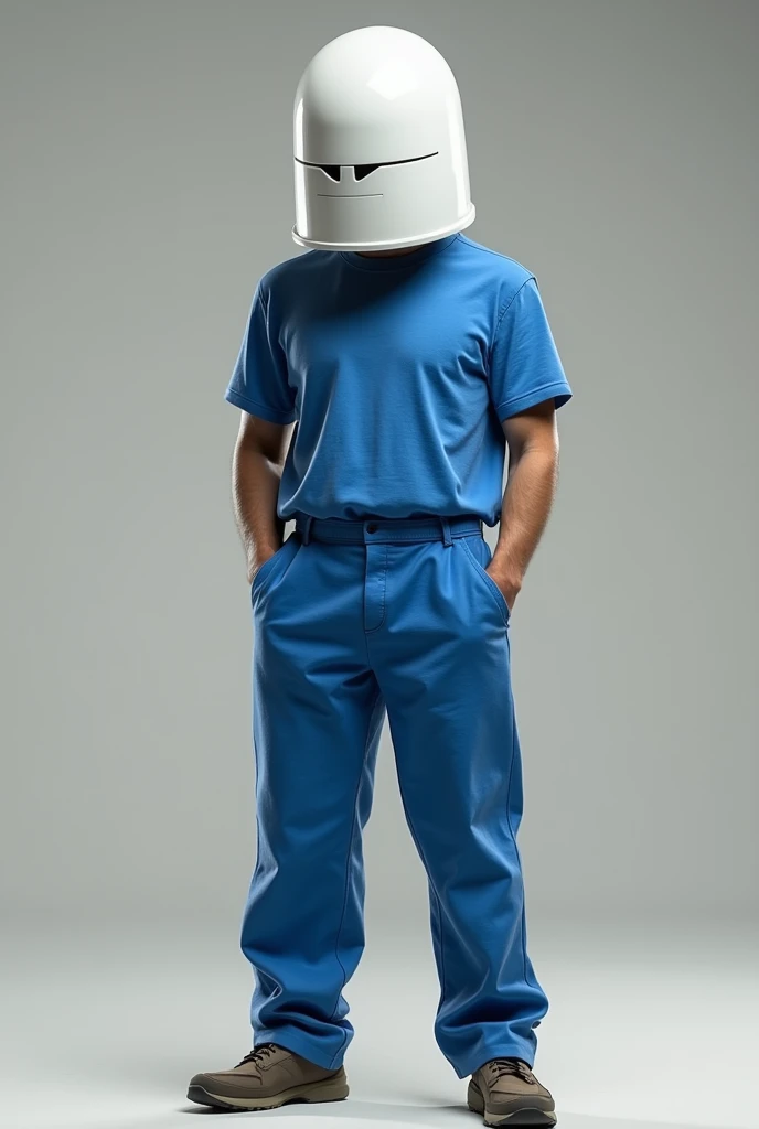Stoveman in blue pants and t-shirt and white helmet