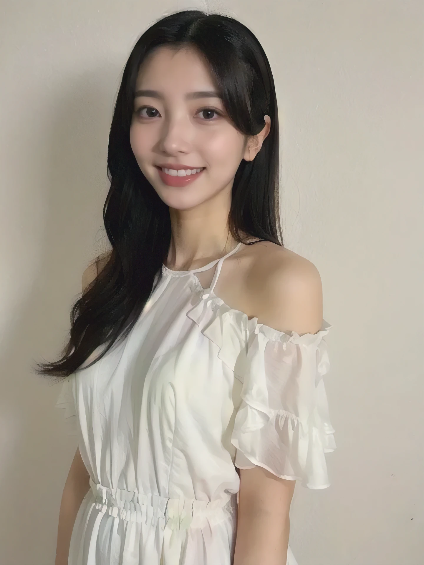 1girl, 25 years old woman, (perfectly detailed face), cute face, beautiful face, Small breasts, medium breasts, large breasts, ((looking at viewer)), smile, light smile, White skin, Simple Background, (((white background))), ((white wallpaper)), Indoor, (bright lighting:1.2), perfect lighting, photorealistic, (bokeh), UHD, anatomically correct, highres
