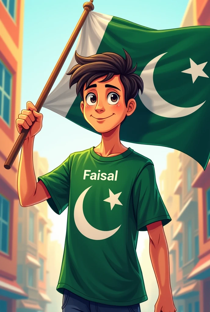 Young man with in cartoon Pakistani t shirt and hold Pakistani flag . faisal name on shirt