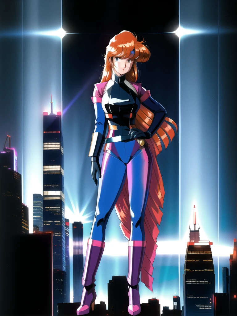 Kenichi Sonoda, retro art-style, 90s Japanese Anime Style, "bubblegum crisis", Sci-fi, Cyberpunk, Neon, Dystopia, (In the neon-drenched skyline of Mega Tokyo's towering skyscrapers, Priss, a stunning 20-year-old anime beauty, stands solo on the spire of a gleaming high-rise, bathed in the radiant glow of the full moon. Her striking features are accentuated by her dark blue metal hard suit adorned with vibrant orange lines, inspired by Syd Mead's industrial mechanic design. Her brown medium-length hair frames her sharp-eyed gaze, as she smizes confidently at the viewer. With fearless determination etched on her face, Priss stands tall on tiptoes, her entire being exuding an aura of cool and stylish elegance. The smooth curves of her shadow cast against the lunar backlight create a mesmerizing silhouette, showcasing her unparalleled beauty under the watchful eye of the city's towering skyscrapers.),