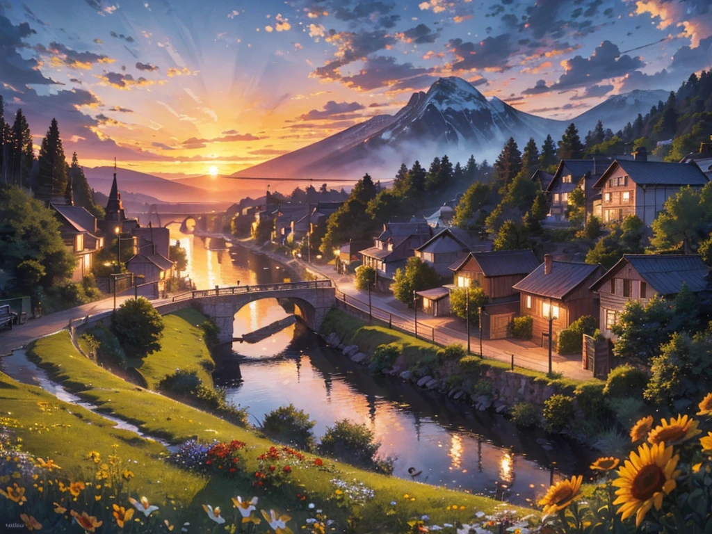 Photorealism, sunset, evening, warm summer, hyper-detailed, picturesque beautiful landscape, wildflowers, romantically depicted charming Russian village, traditional crafts, horse near the shore, river, golden haze
