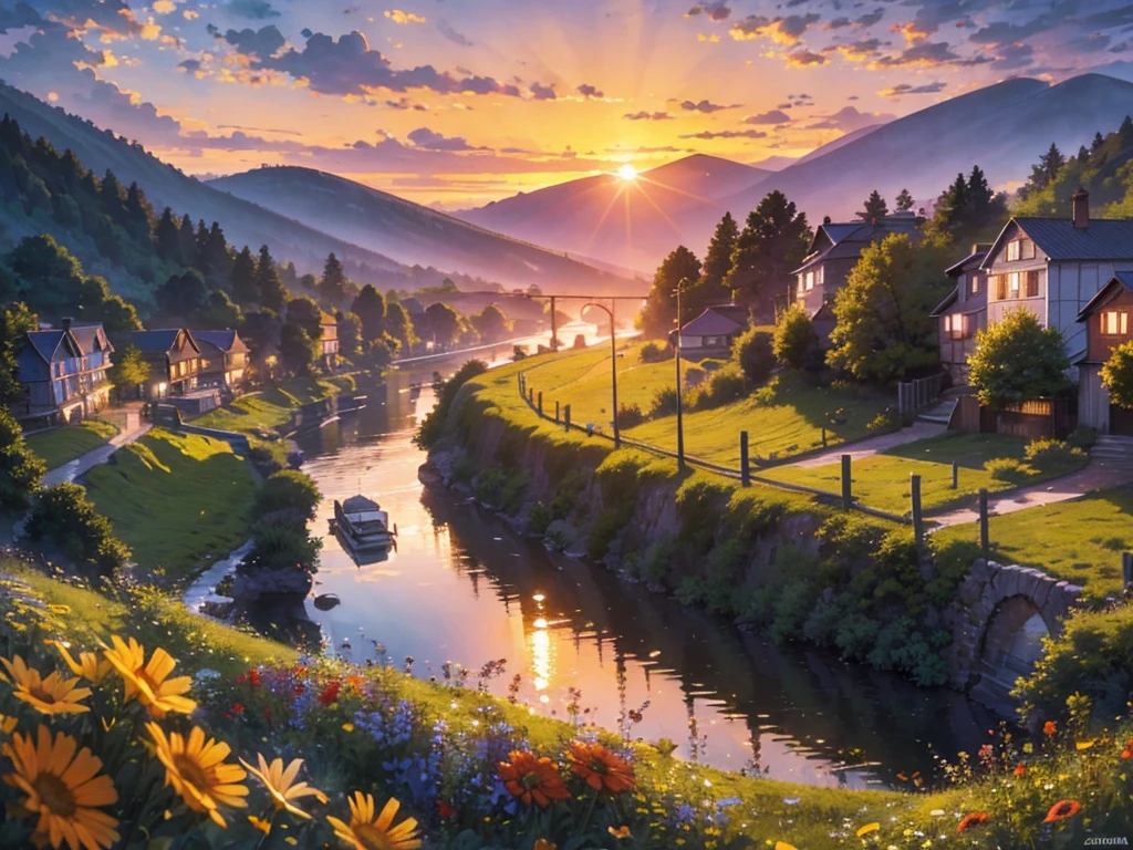 Photorealism, sunset, evening, warm summer, hyper-detailed, picturesque beautiful landscape, wildflowers, romantically depicted charming Russian village, traditional crafts, horse near the shore, river, golden haze