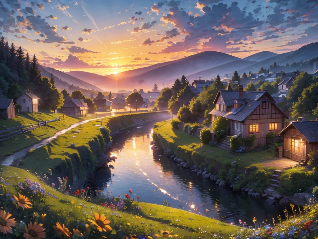 Photorealism, sunset, evening, warm summer, hyper-detailed, picturesque beautiful landscape, wildflowers, romantically depicted charming Russian village, traditional crafts, horse near the shore, river, golden haze