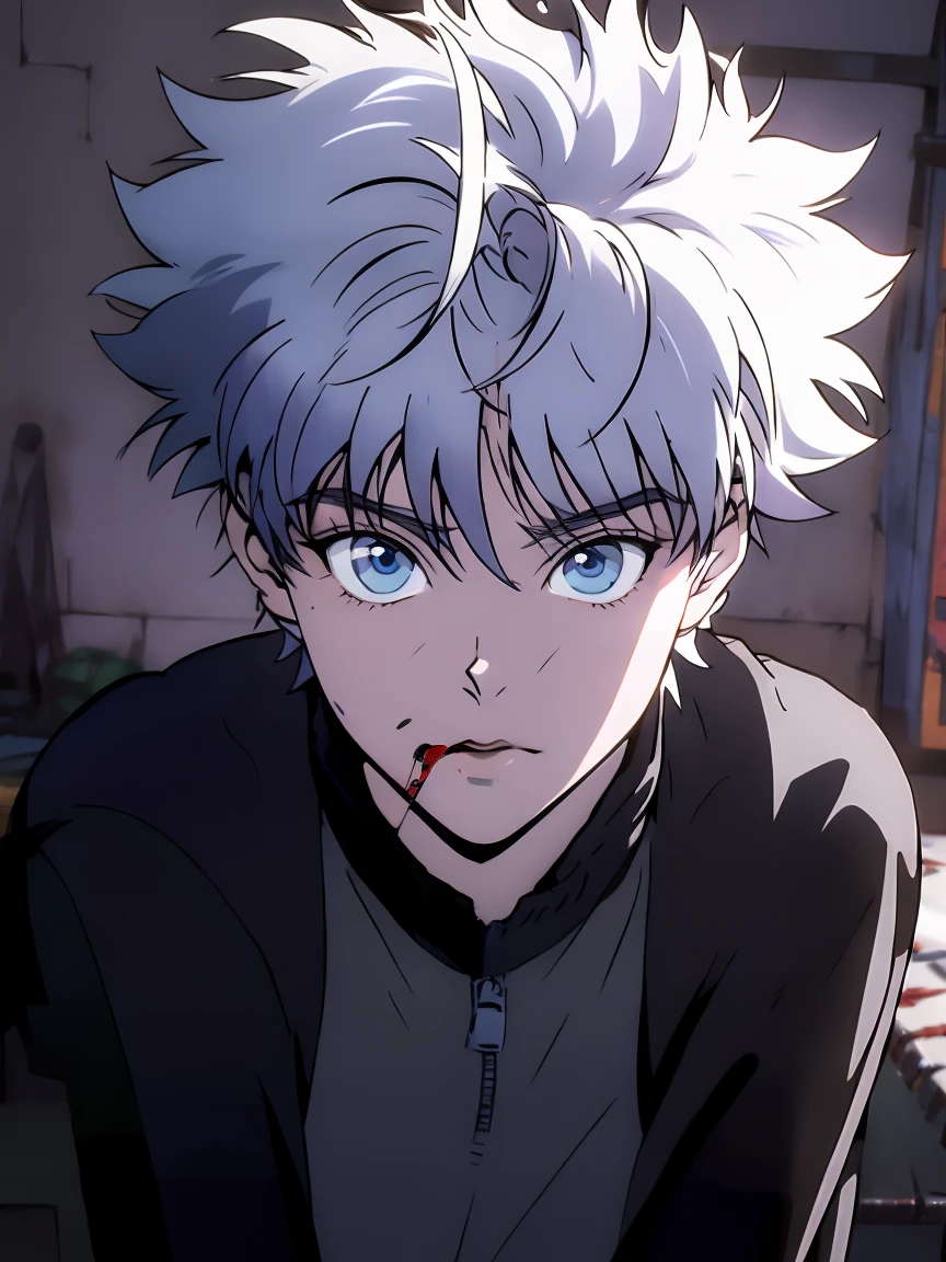 Super detailed, highest quality, best image quality, masterpiece, 8K, anime facel, (medium long shot), Killua Zoldyck from hunter x, psychopath face, blood in the mouth, black circles, Killua has spiky silver hair, very pale skin, and blue eyes, long-sleeved and dark-colored shirts, Killua wears long, baggy shorts, thunderbolt background
