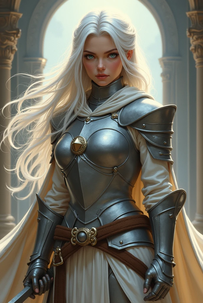 (photorealism:1.2), cleric, young woman, wearing grey light armor, light grey leathers, blue eyes, long white hair, RPG, D&d, soft lighting, powerd pose, realistic, intricate details, warm colors, by Greg Rutkowski, by Alphonse Mucha