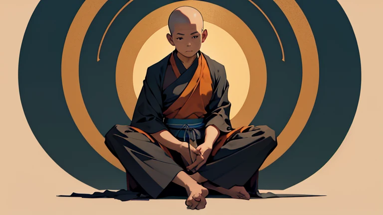 A cute monk sitting in meditation position, sitting front, front view and full body, no other background image, dark tunic covering the entire body.