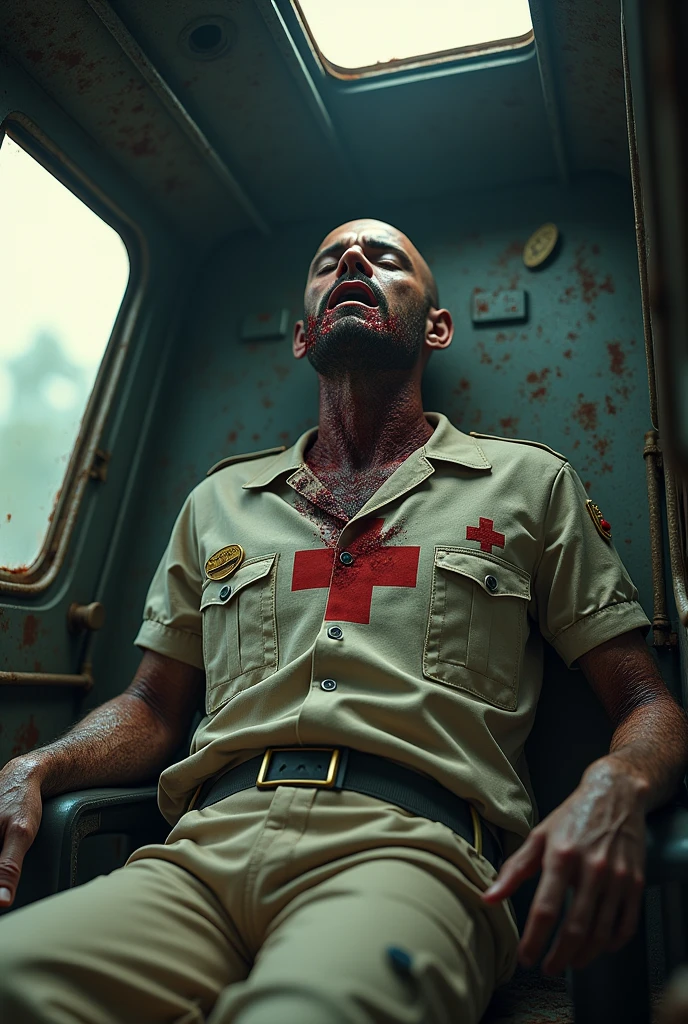 A dead man using a medic t-shirt torn with some parts dissolved in his body inside a rusty and abandoned helicopter, the deceased has a bite on his neck.