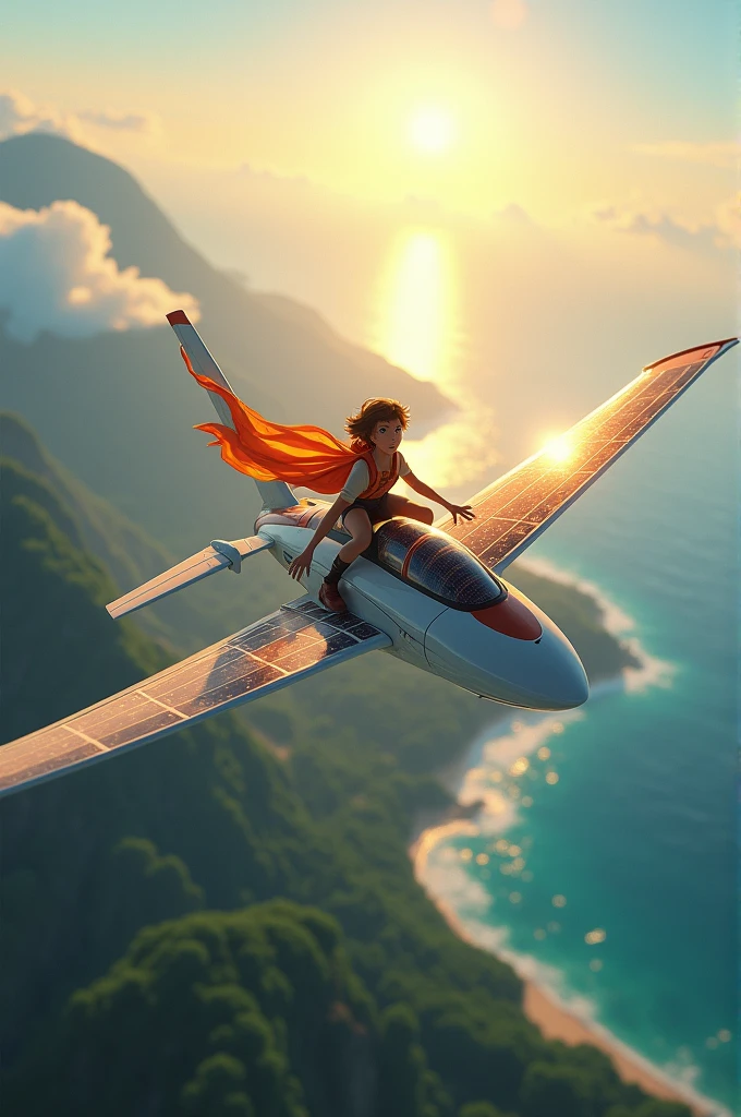 Robin's Solar-Powered Glider:
A young adventurer, Robin, soaring through the sky on a sleek, solar-powered glider. The glider's wings are shimmering with golden light, absorbing energy from the bright sun above. Below, a landscape of lush forests and sparkling oceans stretches out, reflecting the sunlight.
