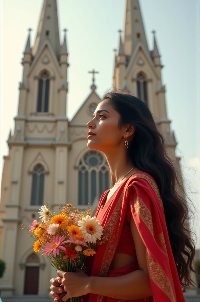 Church medium hair girl the girl is is 75kgs Indian standing front of the church with flower bouquet