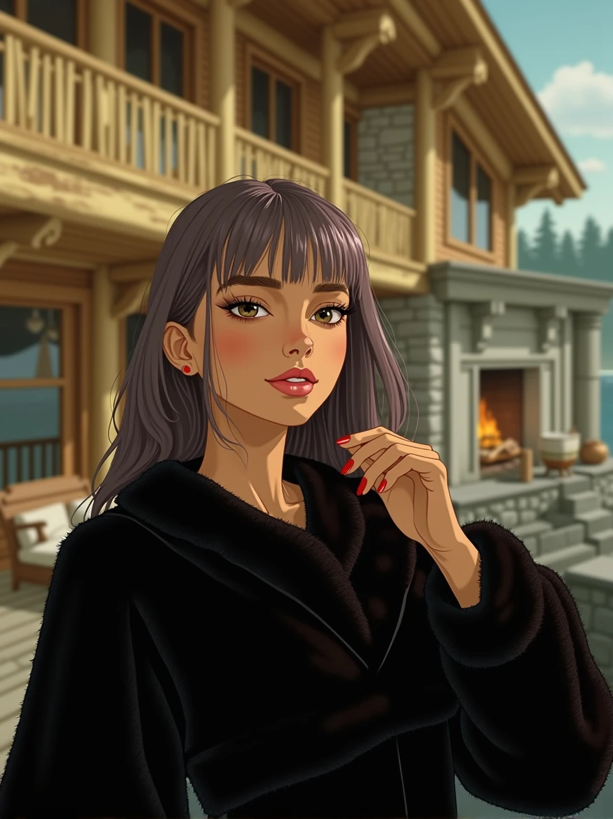 her name is Angela, high qualiy, 1 girl, ((brown woman, de 25 anos, in good shape)), ((20 years old)), ((Scrawny)), ((long length purple hair with bangs)), smiling, pose: sexly, wearing warm overalls, fund: "A luxurious alpine mansion with rustic wooden interiors, a cozy fireplace, and large windows overlooking the sea." PICTURE REALISTIC, alexa grace, yelena belova, Dasha Taran, vestido sexly, tight dress, Sidney Sweeney, Pink body, irina nordsol kuzmina, Pink, skintight dress, Yulia Gorokhova. lora: ariana fitness