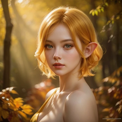 1girl, beautiful elf princess, short golden hair, priestess dress, large breasts, wide hips, golden forest, magical serene atmosphere, golden sunlight, (best quality,4k,8k,highres,masterpiece:1.2),ultra-detailed,(realistic,photorealistic,photo-realistic:1.37),detailed face, beautiful detailed eyes, beautiful detailed lips, extremely detailed eyes and face, long eyelashes, fantasy, concept art, vibrant colors, warm lighting, intricate details, soft focus, depth of field, lush foliage, sunbeams, golden hour