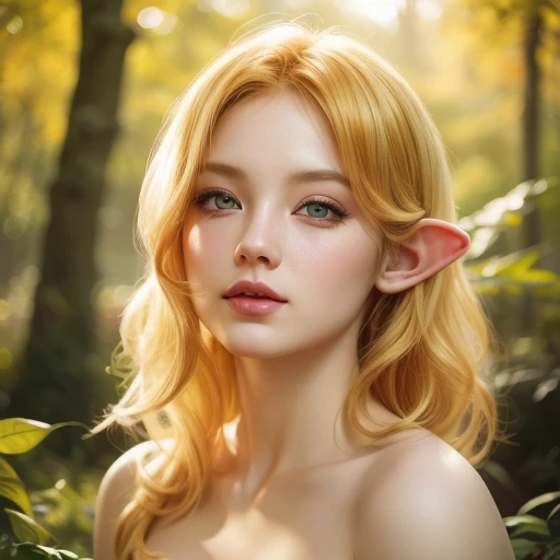 1girl, beautiful elf princess, short golden hair, priestess dress, large breasts, wide hips, golden forest, magical serene atmosphere, golden sunlight, (best quality,4k,8k,highres,masterpiece:1.2),ultra-detailed,(realistic,photorealistic,photo-realistic:1.37),detailed face, beautiful detailed eyes, beautiful detailed lips, extremely detailed eyes and face, long eyelashes, fantasy, concept art, vibrant colors, warm lighting, intricate details, soft focus, depth of field, lush foliage, sunbeams, golden hour