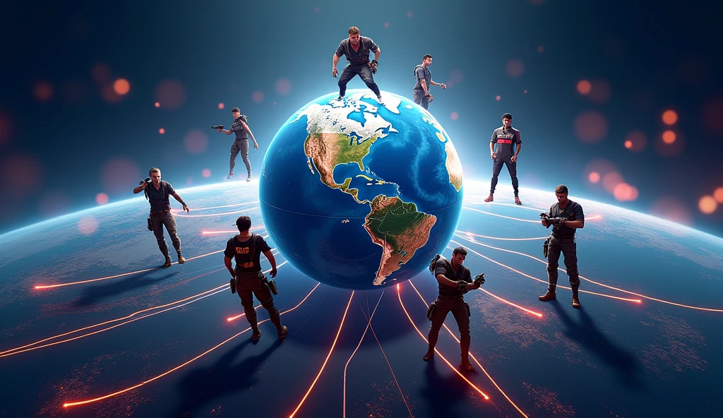 "A globe surrounded by Free Fire characters, symbolizing global success, with lines connecting major cities to Free Fire events, ar 16:9"