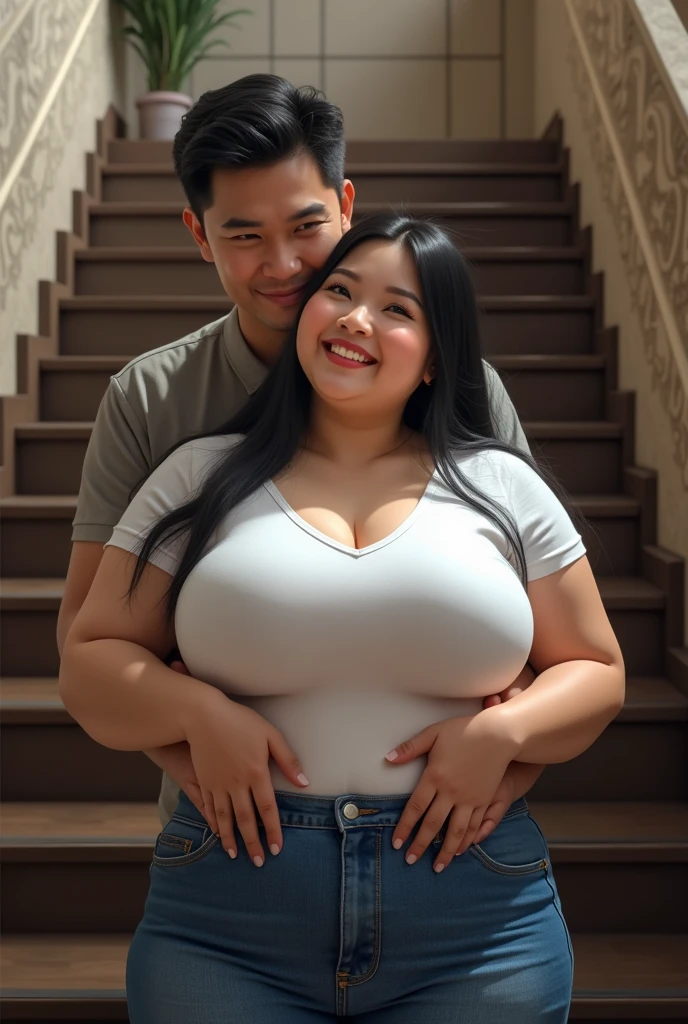 Hyperrealist portrait of Chubby fat thic bbw white thai mature woman (30 years old), long straight black hair, wearing blue jeans and white shirt v-neck, man hugging from behind, in up the stairs with tall male, smiley expression, full body picture, 