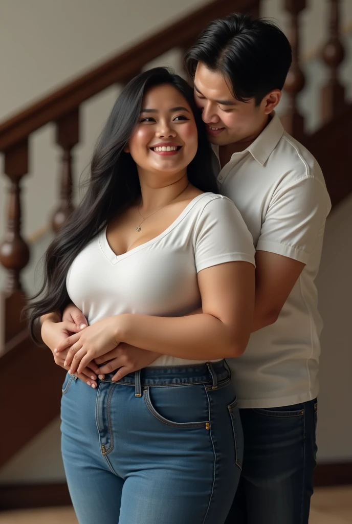 Hyperrealist portrait of Chubby fat thic bbw white thai mature woman (30 years old), long straight black hair, wearing blue jeans and white shirt v-neck, man hugging from behind, in up the stairs with tall male, smiley expression, full body picture,