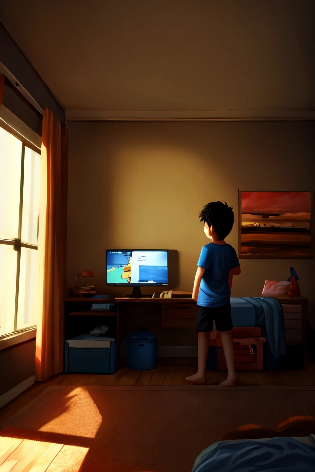 boy using desktop in room with dog, in room have bed and darkness with nightmare 
