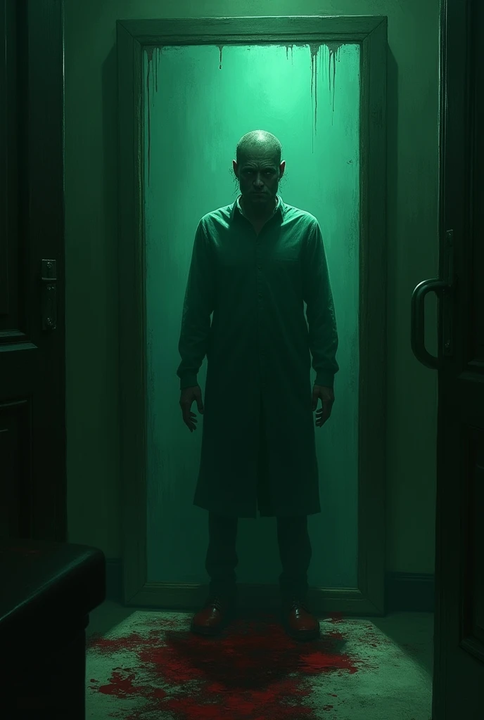 guy standing at mirror under green light with blood 