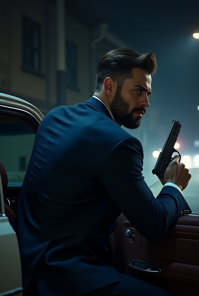 Strong young man in navy blue tuxedo, trimmed beard((with your head out of the car window but inside the car with your back turned)) shooting with gun in hand .
((Show him from behind, not showing his face so much.))
during at night
((PICTURE REALISTIC))
REPRODUCING THIS LAST IMAGE BUT USE A MAN WITH A YOUNGER FACE