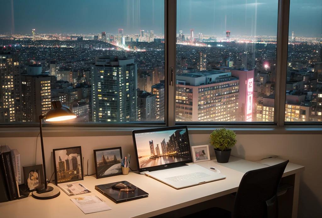 Portrait、512、Lo-Fi、desk、city view outside the window、night、pastel colour、Painting、unmanned、deskトップPC、LoFi