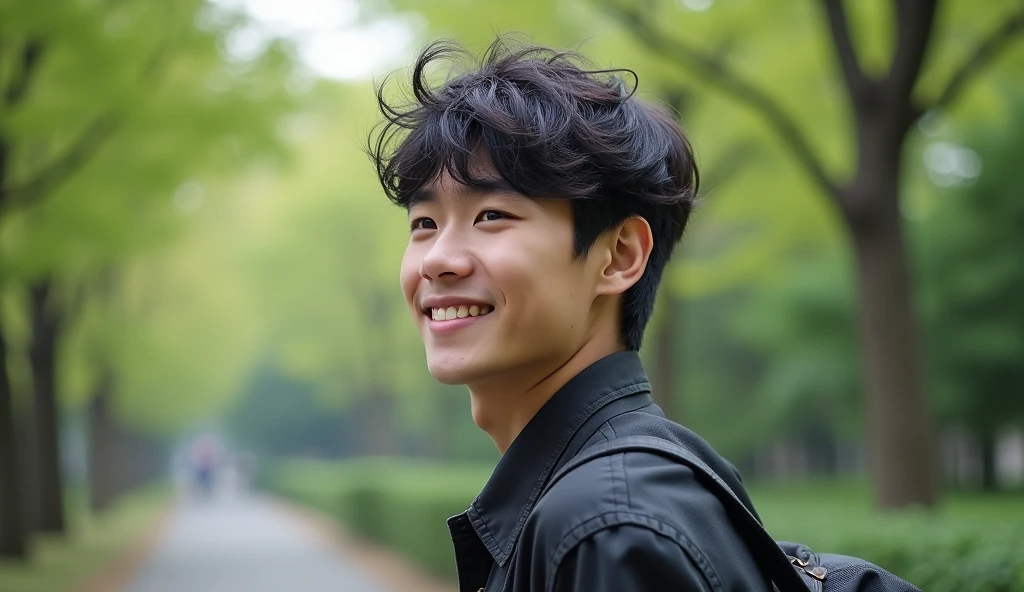 A Japanese male college student with mushroom hair is smiling and thinking of an idea, Fashionable clothes,Words floating in the air,Explain why you chose statistics as your major,Excited, Photo of your face, For work, With a lush park in the background, with a natural look, With a slightly tired look, tilt your face a little, Diagonal orientation, Average face