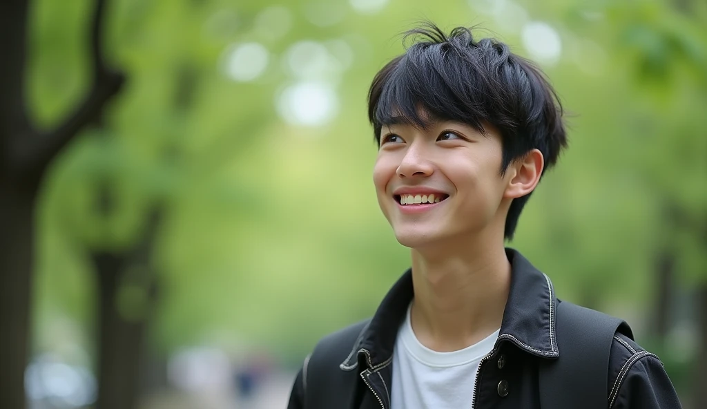 A Japanese male college student with mushroom hair is smiling and thinking of an idea, Fashionable clothes,Words floating in the air,Explain why you chose statistics as your major,Excited, Photo of your face, For work, With a lush park in the background, with a natural look, With a slightly tired look, tilt your face a little, Diagonal orientation, Average face