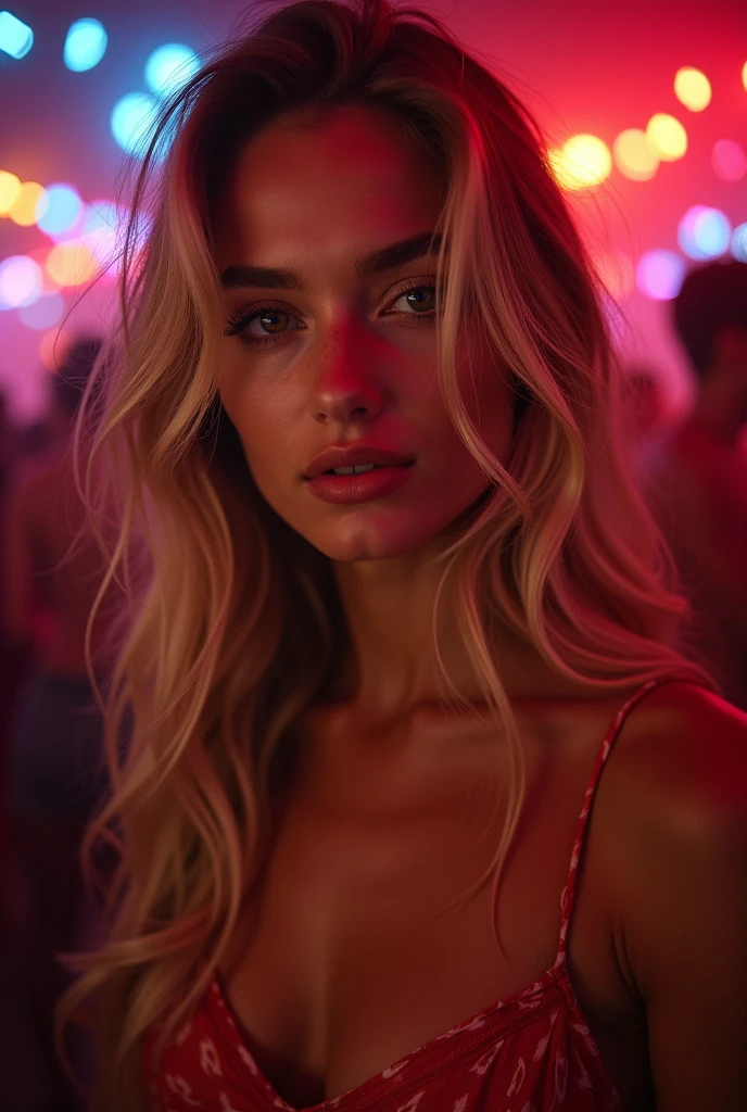 une belle fille aux longs cheveux blonds, yeux détaillés, nez, le sourire éclate, et les lèvres, combinaison y, danser en boîte de nuit, Beaucoup de monde autour, prend un selfie avec son bras droit levé, (Meilleure qualité,4k,8k,haute résolution,Chef de'ouvrages d'art:1.2),ultra-détaillé,(Réaliste,photoRéaliste,photo-Réaliste:1.37),HDR,éclairage de studio,visage et corps très détaillés, portrait,Éclairage cinématographique,Éclairage dramatique,tons de couleurs chaudes,couleurs dramatiques, qualité photo d'un iphone 15