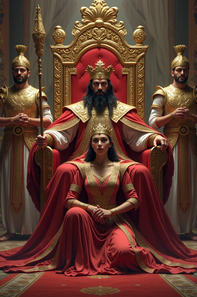 a Persian king sitting on his golden throne with a scepter in one hand, add two Persian soldiers next to the throne and a queen with her royal robes and crown, make the queen kneel in front of the king
