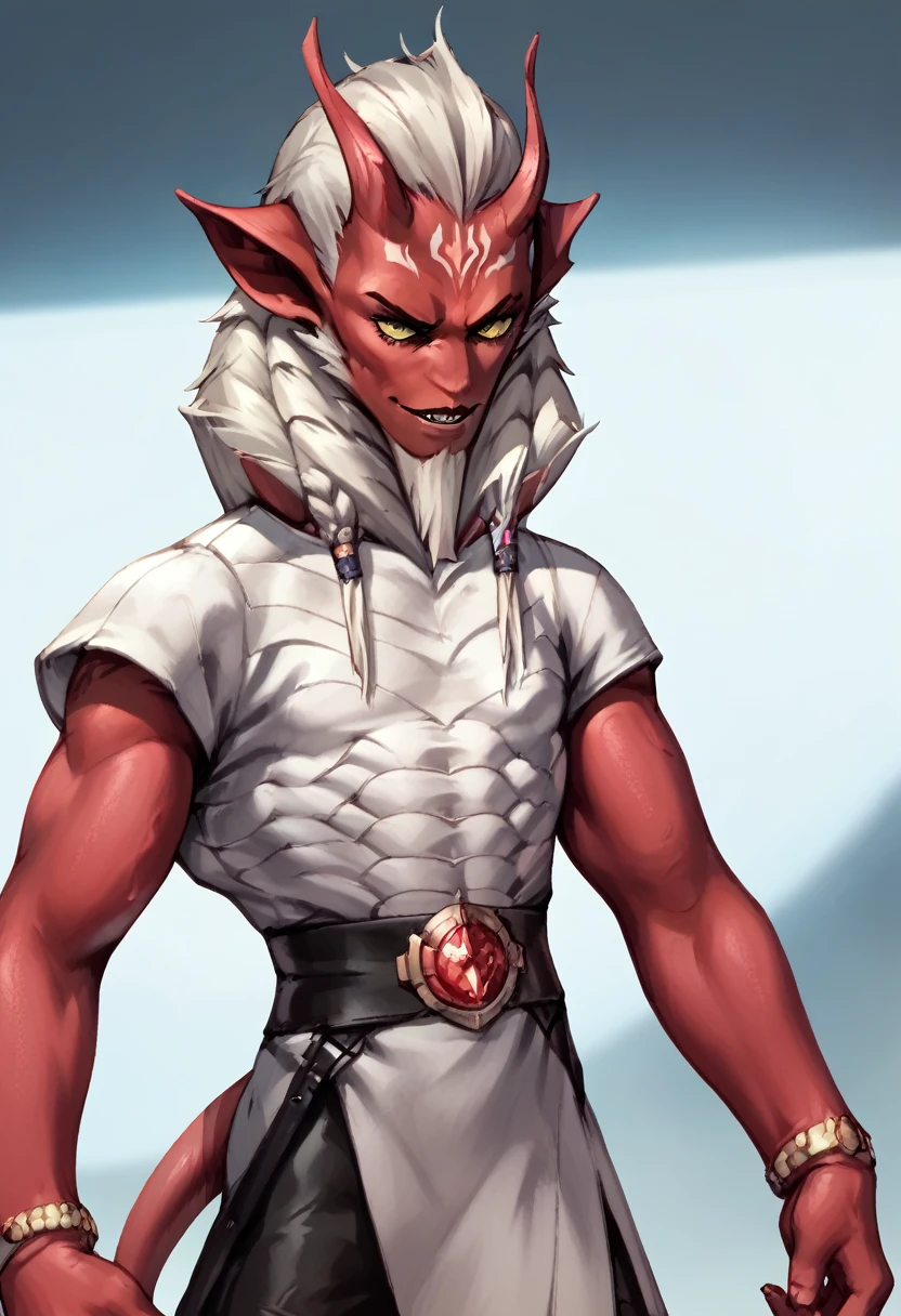 a Kalleran Jedi OC character,femboy,skinny,devil,maleficient,anthropomorphic,fur,androgynous,male focus,flat chest,red skin,a sexy physique,inspired by the style of Stargate, masterfully rendered with exceptional details and shining,light colors,Vanguard background and normal lighting.