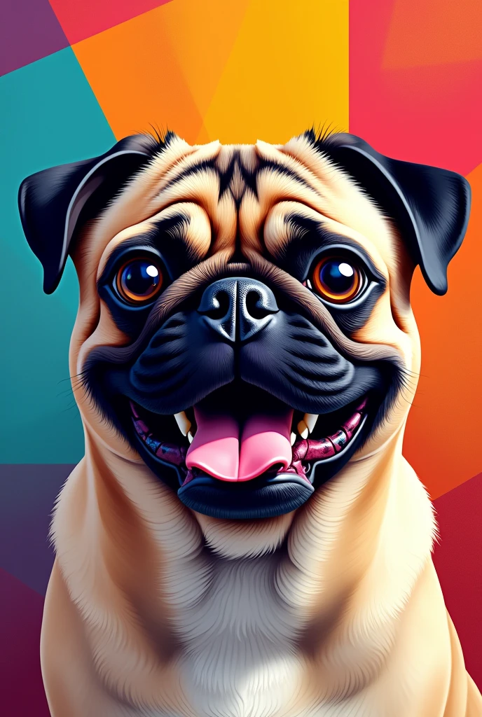 A pop art style painting with the face of a happy pug dog 