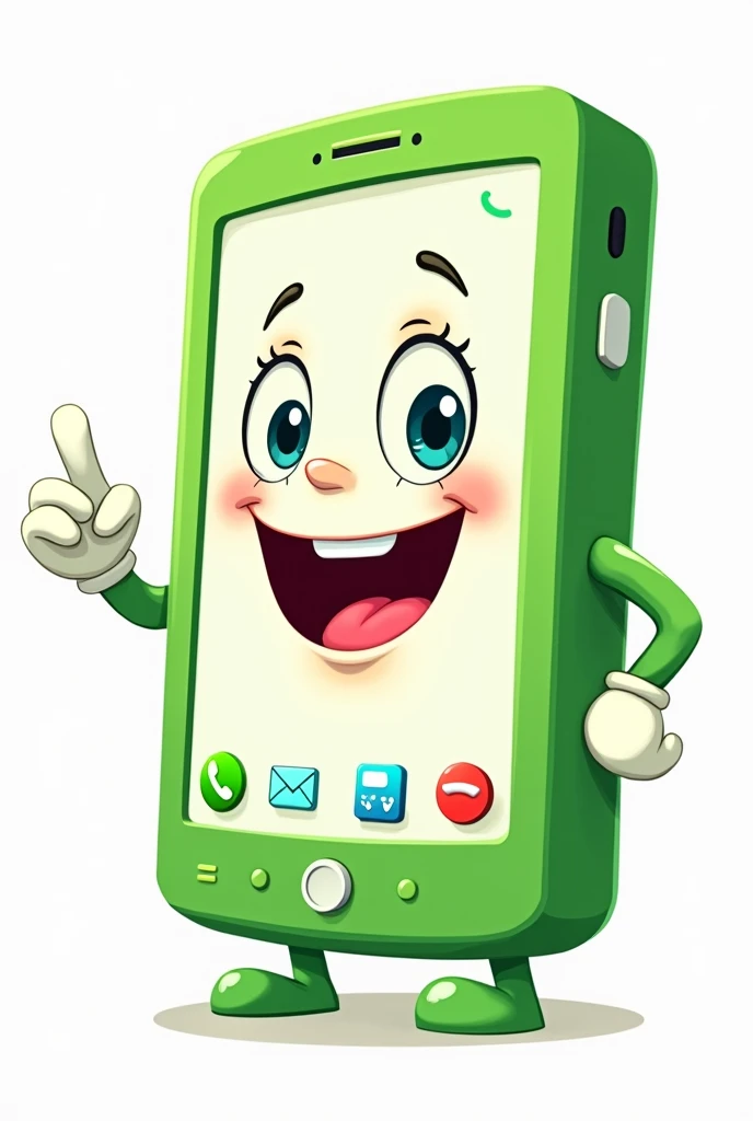 cartoon-style image of a green iSmartphone with anthropomorphic features. The phone features a green case with a white screen displaying a happy face with big, expressive eyes and a wide, open-mouthed smile.. The phone has two arms, one pointing to the left and the other resting on the hip, both with white gloves. The screen also shows four colored app icons at the bottom.: a green phone icon, a blue email icon, a blue message icon and a red star icon. The top of the screen displays a signal bar and a battery indicator.. The overall design is playful and engaging.