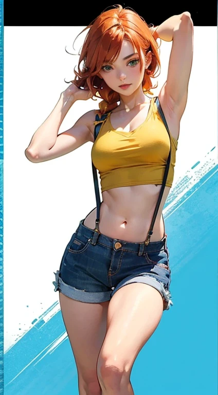 RanmaChan, Red hair, Hair with braid, blue eyess, eyes detailed, masterpiece,High resolution,8k,Detailed anatomy
(Foggy_Pokemon)(One 18-year-old girl)
(Berry Short,Orange Hair,One-sided up hair,Big green eyes,Small breasts,skinny)
(Yellow Sleeveless T-Shirt,Navel exposed,Denim hot pants,Red suspenders,sneakers)
There&#39;s a soul in my eyes.