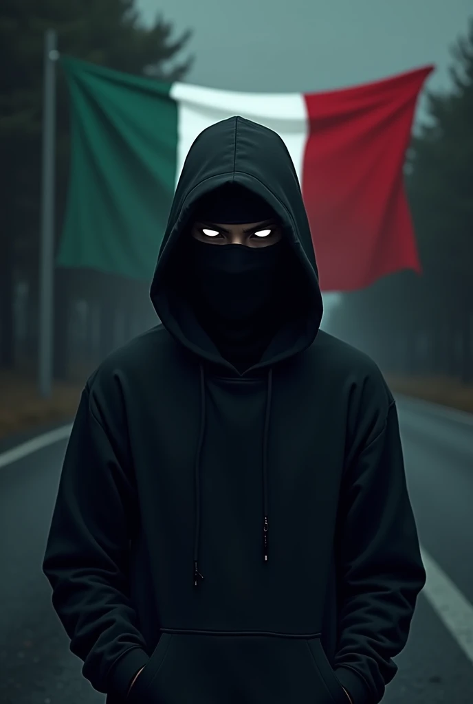 Create a man with a black balaclava and a sweatshirt that covers his entire body. That from his face only a few bright white eyes can be seen. Make the image with a dark environment and the background is the Mexican flag, make the flag ultra realistic, very real and make the character like an anime.
Make the image with a dark vignette and the environment look like a dark road