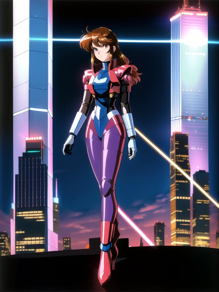 Kenichi Sonoda, retro art-style, 90s Japanese Anime Style, "bubblegum crisis", Sci-fi, Cyberpunk, Neon, Dystopia, (In the neon-drenched skyline of Mega Tokyo's towering skyscrapers, Priss, a stunning 20-year-old anime beauty, stands solo on the spire of a gleaming high-rise, bathed in the radiant glow of the full moon. Her striking features are accentuated by her dark blue metal hard suit adorned with vibrant orange lines, inspired by Syd Mead's industrial mechanic design. Her brown medium-length hair frames her sharp-eyed gaze, as she smizes confidently at the viewer. With fearless determination etched on her face, Priss stands tall on tiptoes, her entire being exuding an aura of cool and stylish elegance. The smooth curves of her shadow cast against the lunar backlight create a mesmerizing silhouette, showcasing her unparalleled beauty under the watchful eye of the city's towering skyscrapers.), The main character, "Priss", 1girl, solo, 20yo, anime beauty,(masterpiece, incredibly absurd resolution, absolutely resolution, ultra high resolution, professional, vivid colors, perfect anatomy, ideal facial features, beautiful detailed face, ideally proportioned figure, perfectly beautiful body),
