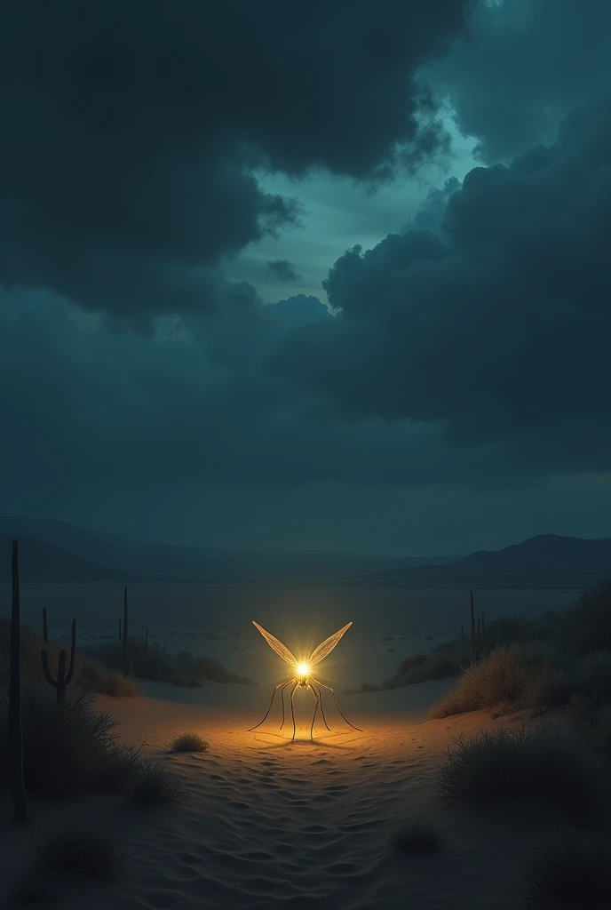  A firefly in the desert night under a sinister sky