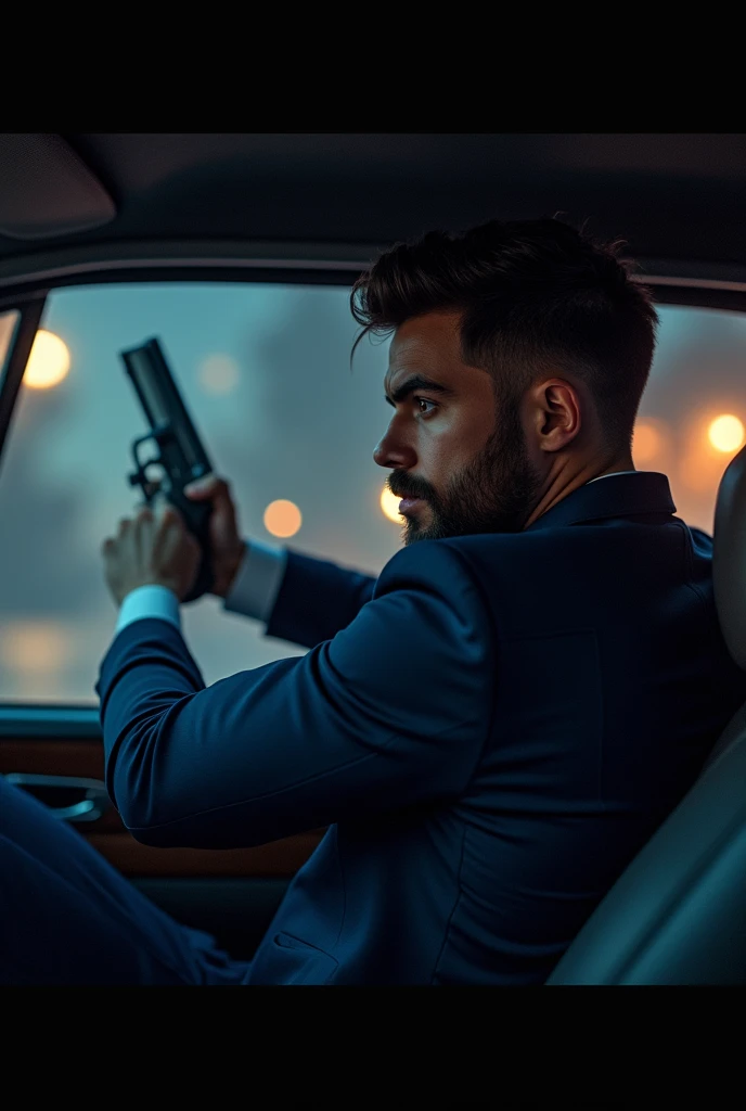 Strong young man in navy blue tuxedo, trimmed beard((with your head out of the car window but inside the car with your back turned)) shooting with gun in hand .
((Show him from behind, not showing his face so much.))
during at night
((PICTURE REALISTIC))
Don&#39;t show his face REPRODUCING THIS LAST IMAGE BUT USE A MAN WITH A YOUNGER FACE
