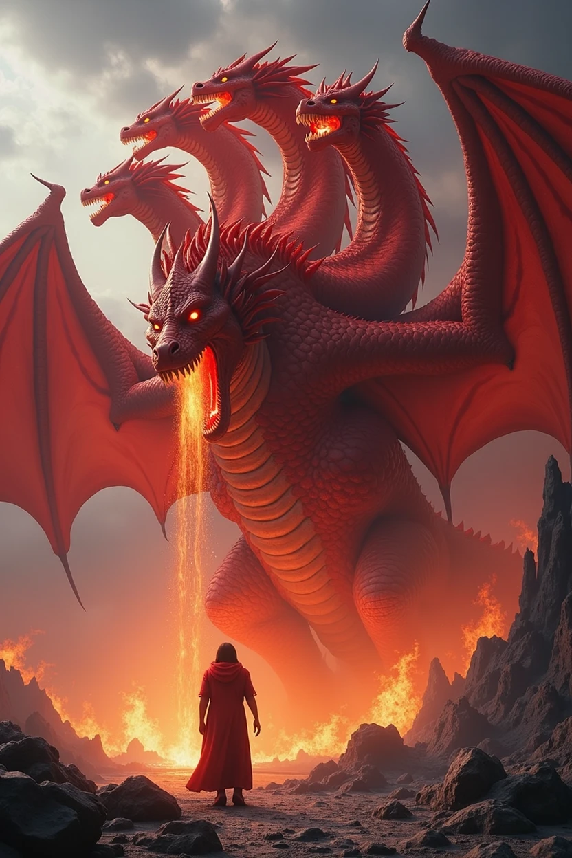 a massive, detailed, and awe-inspiring scarlet dragon with seven heads, dramatic lighting, dark and moody atmosphere, cinematic composition, highly detailed scales, piercing eyes, sharp teeth, flowing manes, muscular body, wings spread wide, breathing fire, fantasy landscape in the background, intricate and imaginative, (best quality,4k,8k,highres,masterpiece:1.2),ultra-detailed,(realistic,photorealistic,photo-realistic:1.37),dramatic lighting,cinematic composition,dark and moody atmosphere,fantastical,striking colors,dynamic,intense