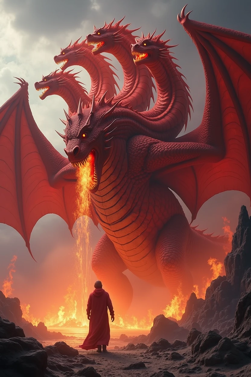 a massive, detailed, and awe-inspiring scarlet dragon with seven heads, dramatic lighting, dark and moody atmosphere, cinematic composition, highly detailed scales, piercing eyes, sharp teeth, flowing manes, muscular body, wings spread wide, breathing fire, fantasy landscape in the background, intricate and imaginative, (best quality,4k,8k,highres,masterpiece:1.2),ultra-detailed,(realistic,photorealistic,photo-realistic:1.37),dramatic lighting,cinematic composition,dark and moody atmosphere,fantastical,striking colors,dynamic,intense