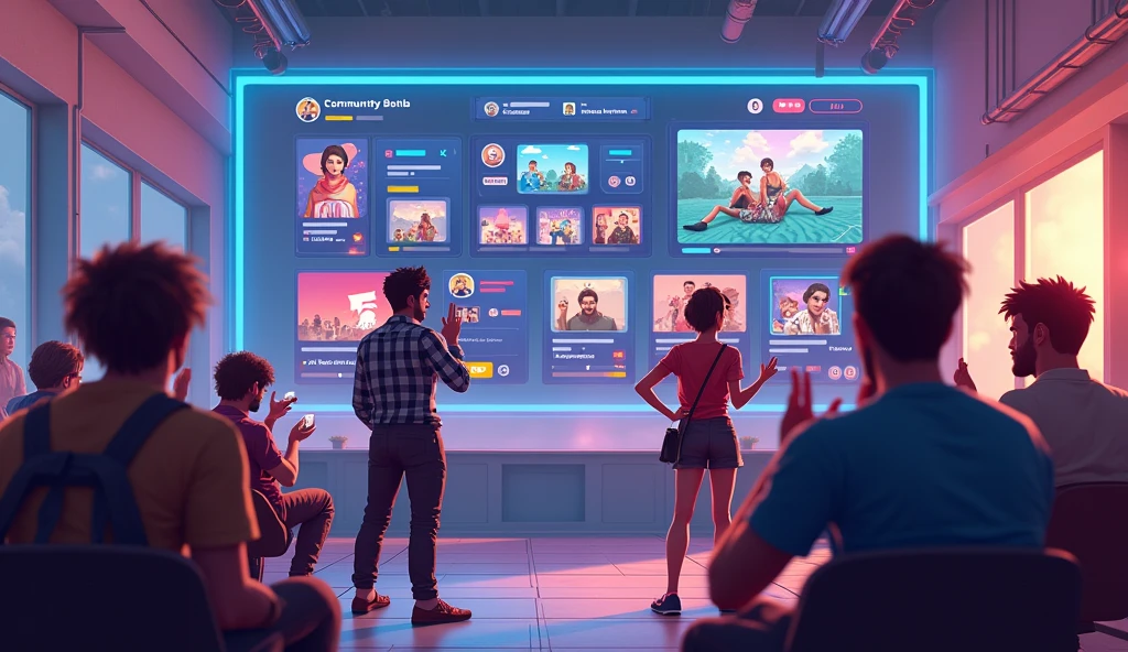 "A bustling online community hub with Free Fire players interacting, sharing strategies, and forming squads, displayed on a modern interface, ar 16:9"
