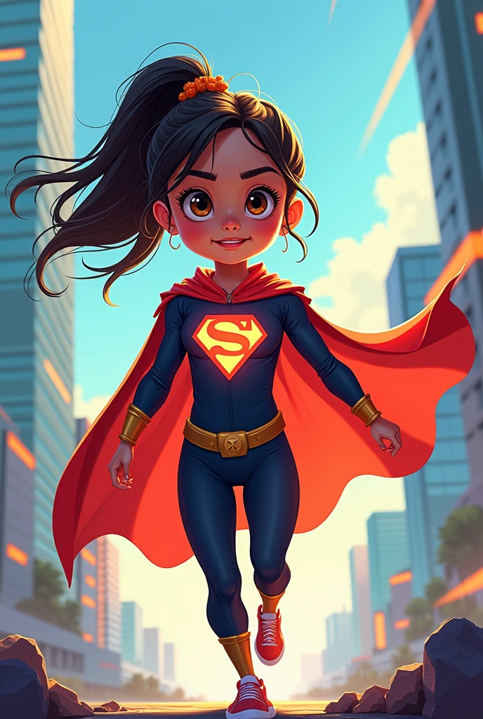 Illustration of a 7-year-old superhero girl with an original logo on her chest "Yes"