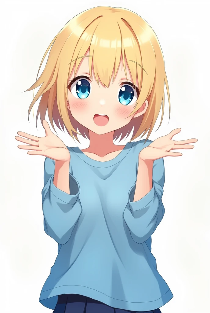 Anime girl shiny blue eyes short blonde hair blue clothes doing a greeting pose 