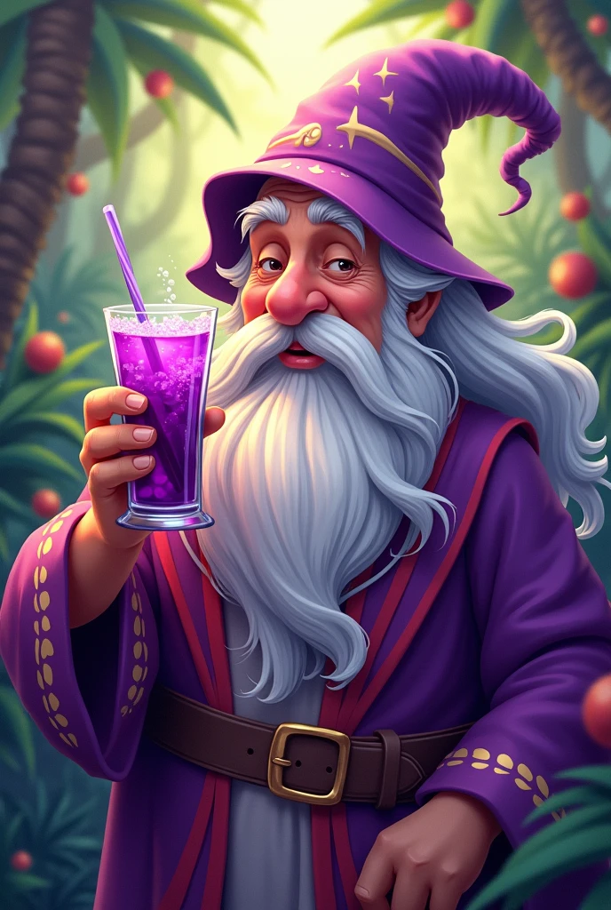 Create a drawing with a Disney model of a wizard with a glass of açaí in his hand and the name açaí groove
