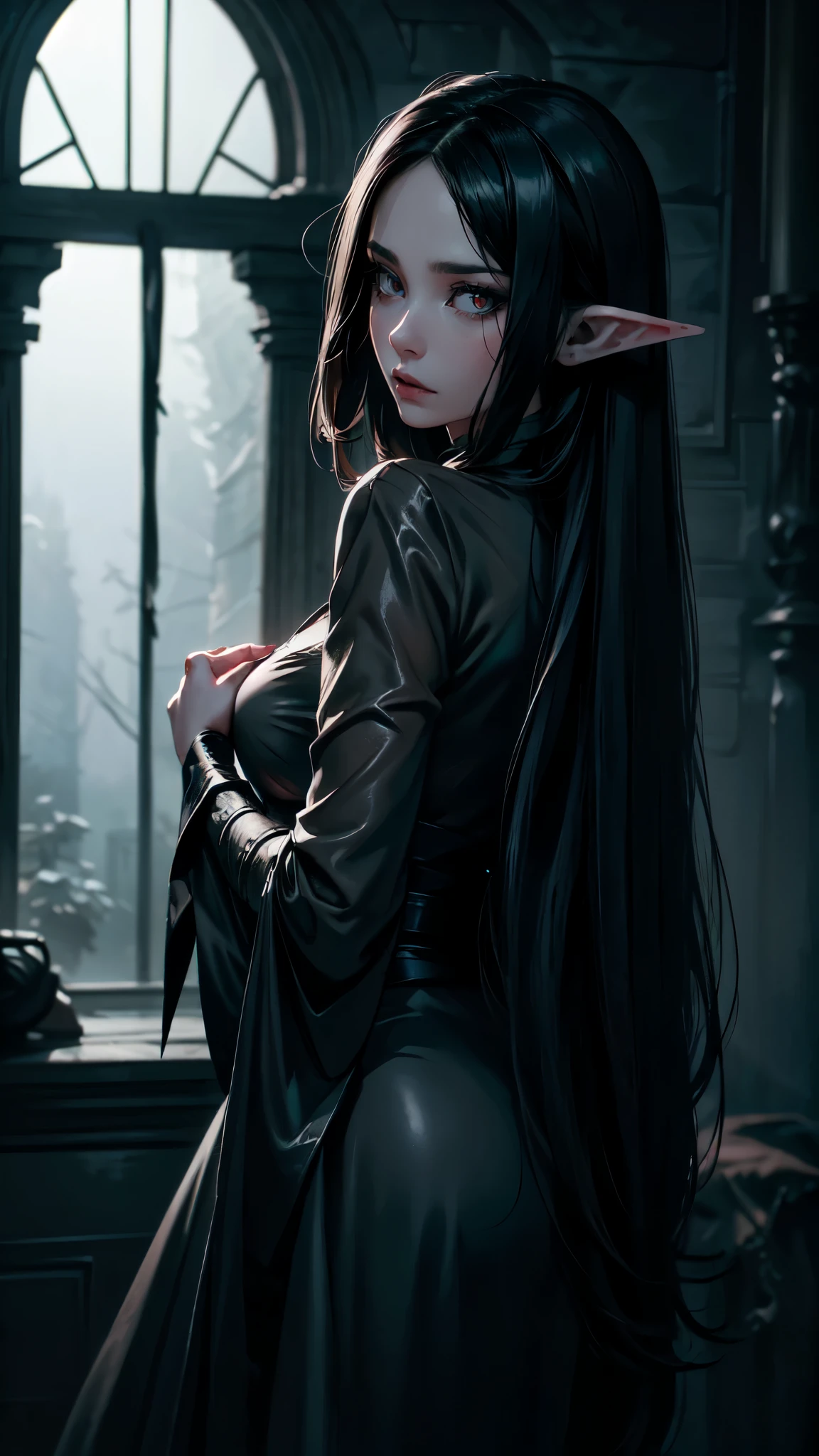 (best quality,4k,8k,highres,masterpiece:1.2),ultra-detailed,(realistic,photorealistic,photo-realistic:1.37),goth korean girl, gothic,1woman,dark forest,red eyes,dark ambient,low saturation,anime style,pale skin,long flowing hair,gothic clothing,silhouette,surreal background,mysterious atmosphere,intense emotions,melancholic expression,lens flare,dramatic shadows,symbolic elements,heavy makeup,pale and dark colors,misty fog,ethereal beauty,subtle texture, dark makeup, back shot , full body,sweat on her body,.detailed eyes, detaield hands, detailed face, elf woman, full body